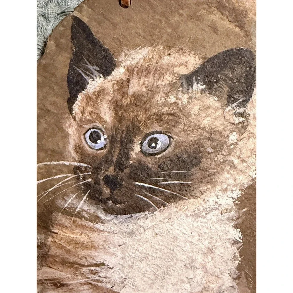 Vintage Siamese Cat Painting Rock Canvas Signed Blue Eye Kitten Art Wall Hanging
